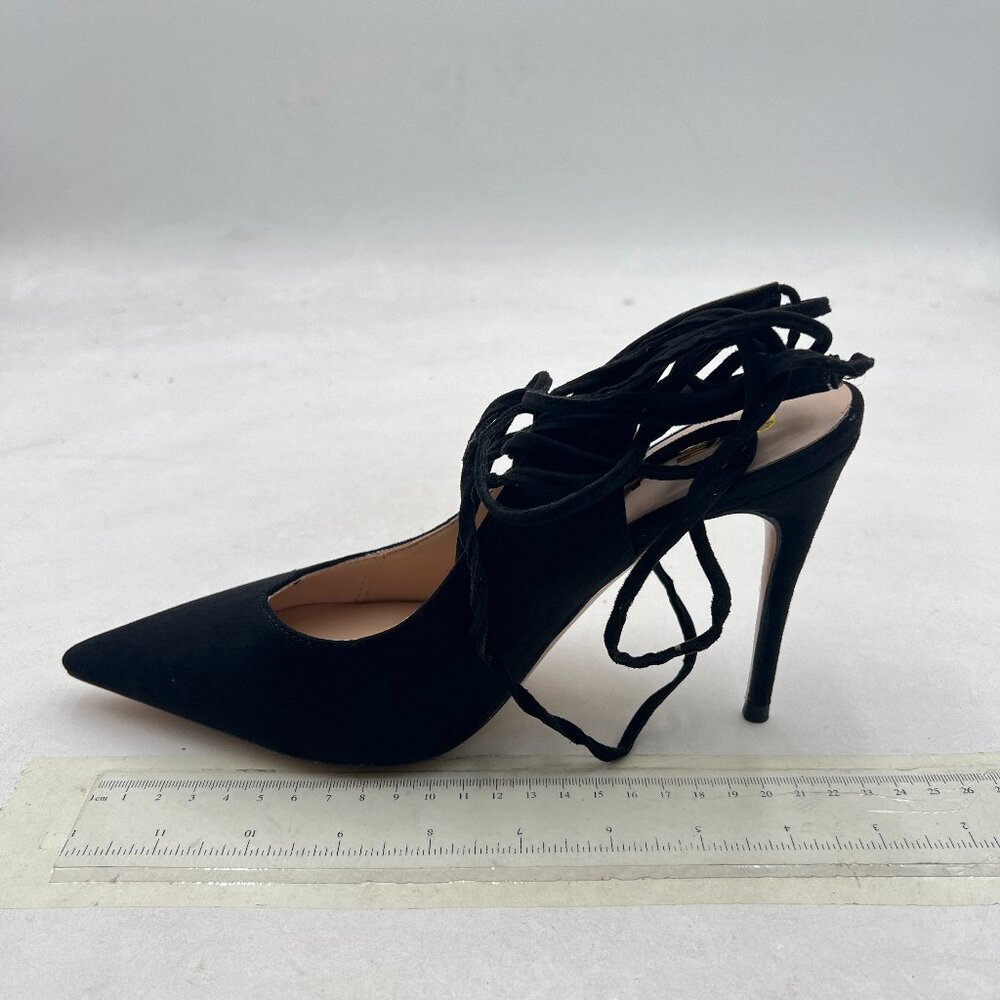 FSJ Black Suede Sexy Zebra Pattern Slingback Pumps Lace Up Ankle Strap Shoes